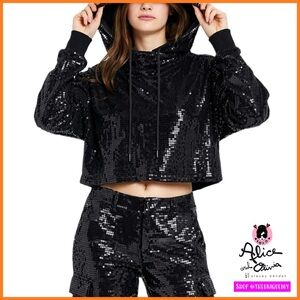 Alice + Olivia Niki Black Sequin Funnel Neck Cropped Pullover Hoodie Sweater